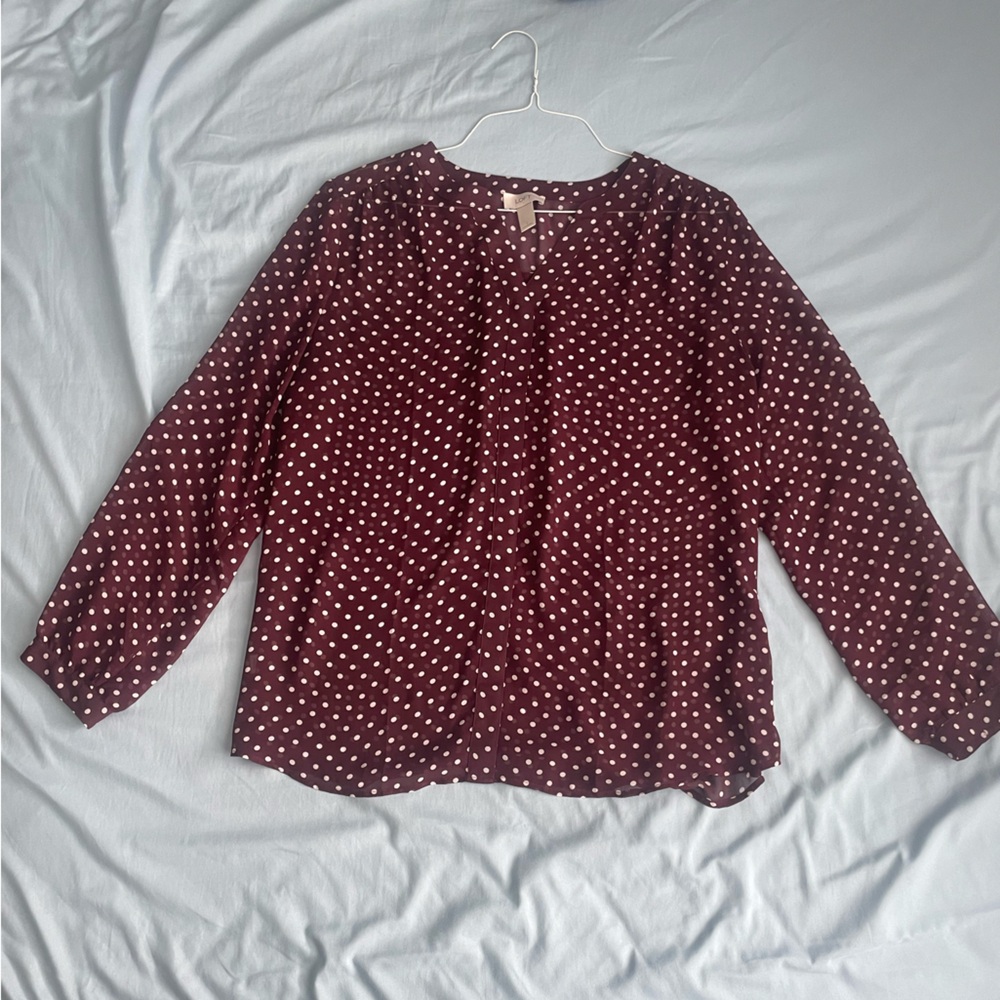 LOFT Burgundy and White Polka Dot Top